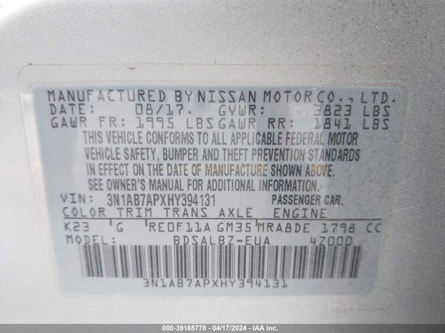 Nissan SENTRA S 2017 3N1AB7APXHY394131 Image 9