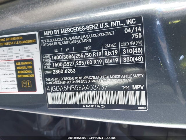 4JGDA5HB5EA403437 Mercedes-Benz Ml 350 4matic