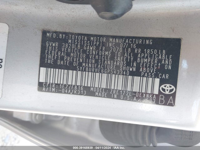 Toyota COROLLA LE 2016 5YFBURHE6GP543340 Image 9