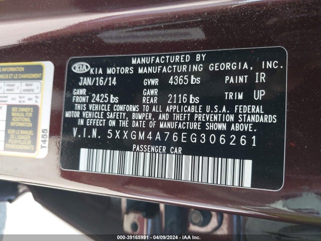 KIA Optima Lx 2014 5XXGM4A76EG306261 Image 9