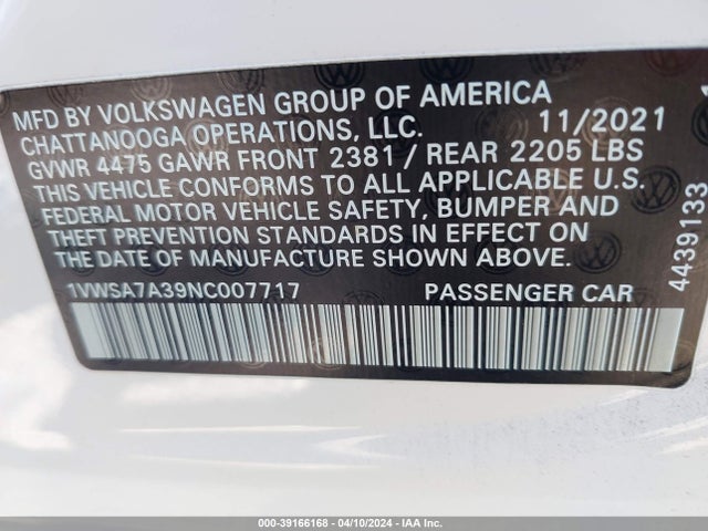 1VWSA7A39NC007717 Volkswagen PASSAT SE
