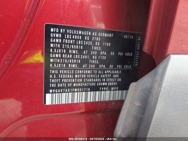 Продажа на аукционе авто 2015 Volkswagen Tiguan S, vin: WVGAV7AX1FW001718, номер лота: 39166218