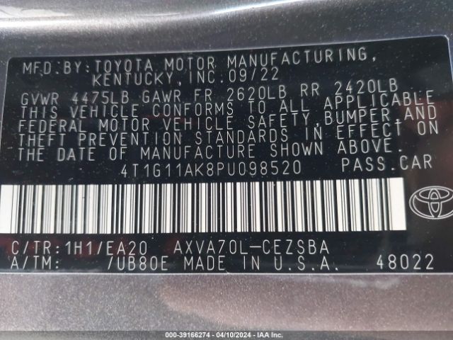 4T1G11AK8PU098520 Toyota CAMRY SE