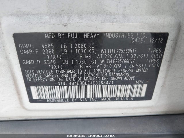 Subaru Outback 2.5i Limited 2014 4S4BRBLC4E3268471 Image 9