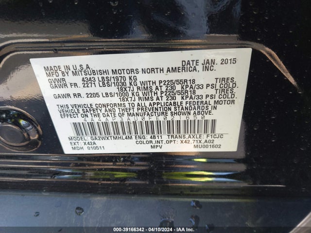 4A4AP3AU0FE021650 Mitsubishi Outlander Sport Es