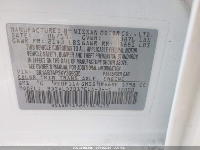 Nissan SENTRA SV 2019 3N1AB7AP2KY369635 Image 9