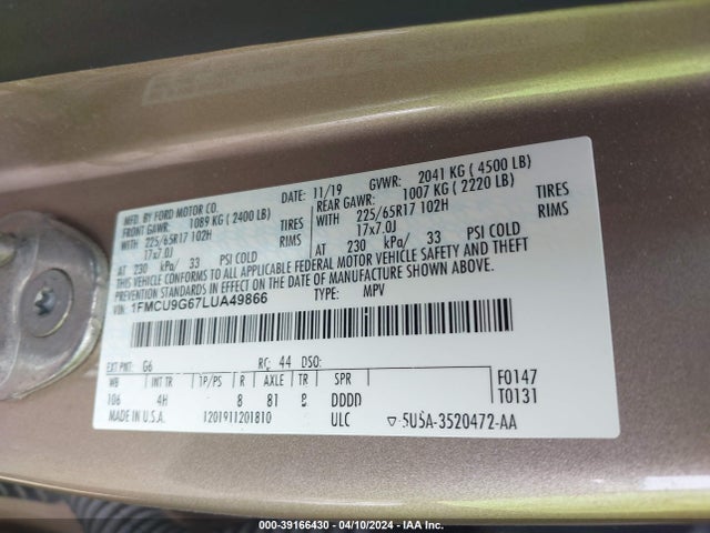 Ford ESCAPE SE 2020 1FMCU9G67LUA49866 Image 9