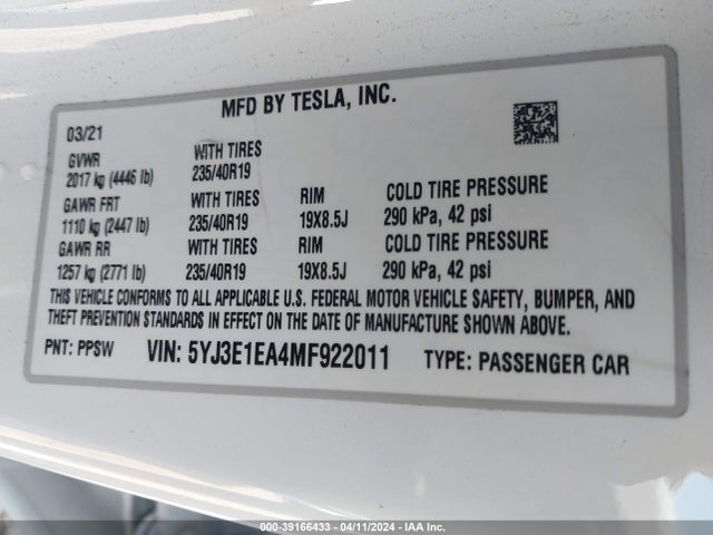 5YJ3E1EA4MF922011 Tesla Model 3 Standard Range Plus Rear-wheel Drive