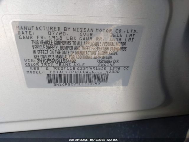 3N1CP5CV9LL534492 Nissan Kicks Sv Xtronic Cvt