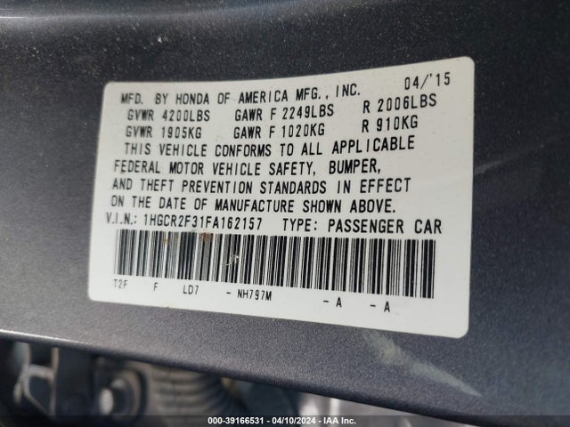 Honda ACCORD LX 2015 1HGCR2F31FA162157 Image 9