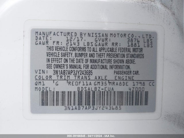 Nissan SENTRA S 2018 3N1AB7AP3JY243685 Image 9