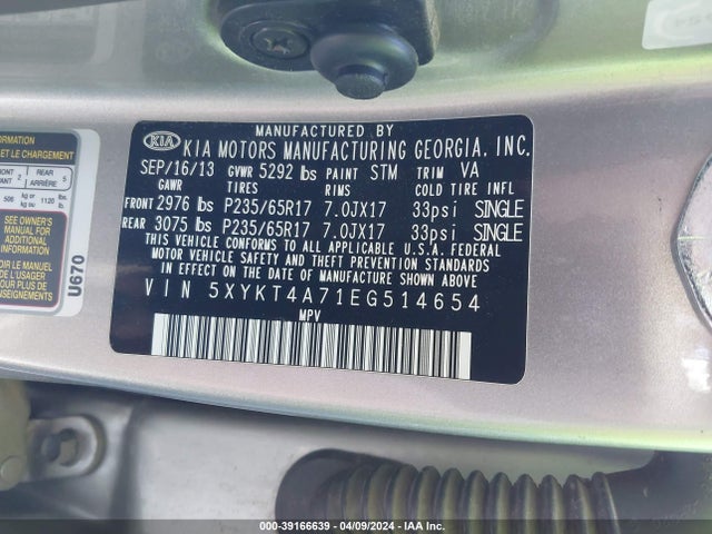 KIA Sorento Lx V6 2014 5XYKT4A71EG514654 Image 9