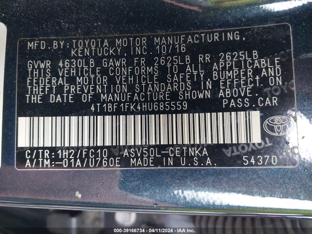 Toyota CAMRY LE 2017 4T1BF1FK4HU685559 Image 9