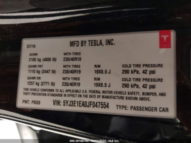 5YJ3E1EA0JF047554 Tesla Model 3 Long Range/mid Range