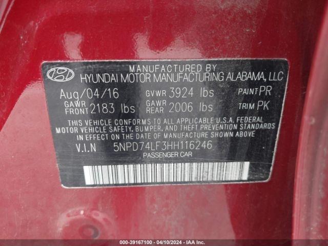5NPD74LF3HH116246 Hyundai ELANTRA SE