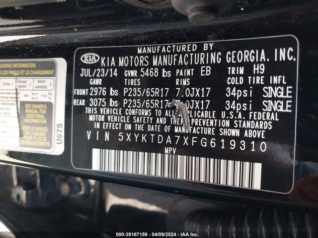 KIA Sorento Lx V6 2015 5XYKTDA7XFG619310 Image 9
