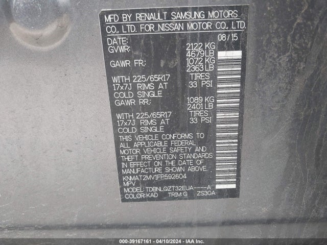 Nissan ROGUE SV 2015 KNMAT2MV1FP592604 Image 9
