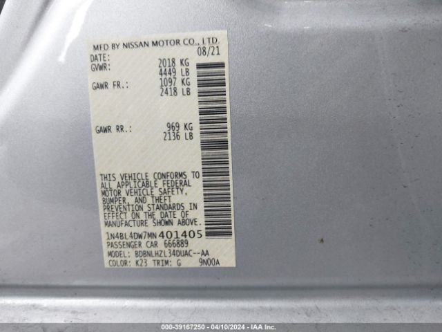 1N4BL4DW7MN401405 Nissan Altima Sv Intelligent Awd