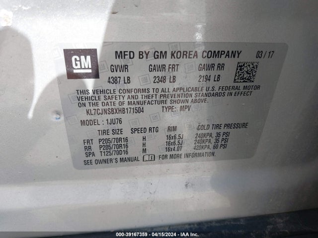 Chevrolet TRAX LS 2017 KL7CJNSBXHB171504 Image 9