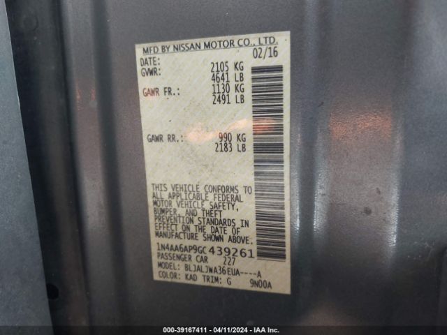1N4AA6AP9GC439261 Nissan Maxima 3.5 Sv