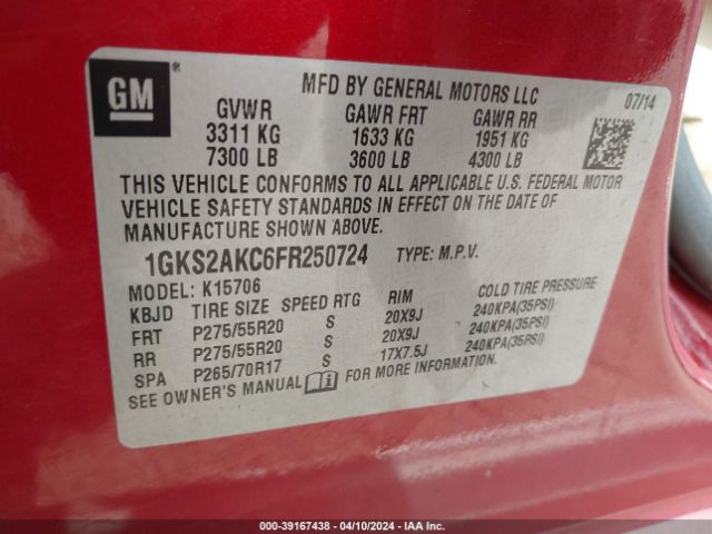1GKS2AKC6FR250724 GMC YUKON SLE