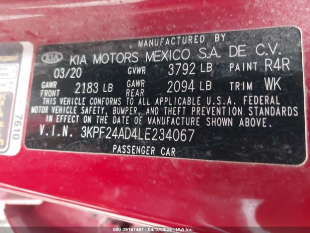 3KPF24AD4LE234067 KIA Forte Lxs