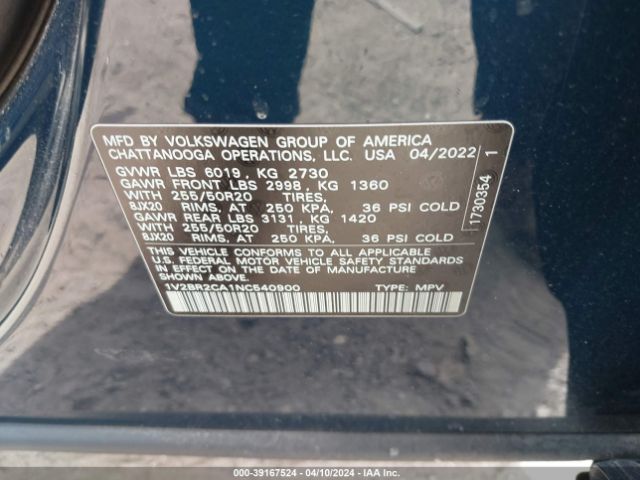 1V2BR2CA1NC540900 Volkswagen Atlas 3.6l V6 Sel