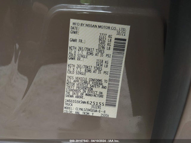 Nissan Frontier Pro-4x 4x4 2022 1N6ED1EK5NN625155 Image 9