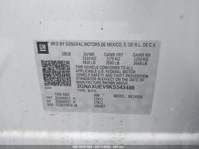 Chevrolet EQUINOX LT 2019 3GNAXUEV9KS543488 Image 9