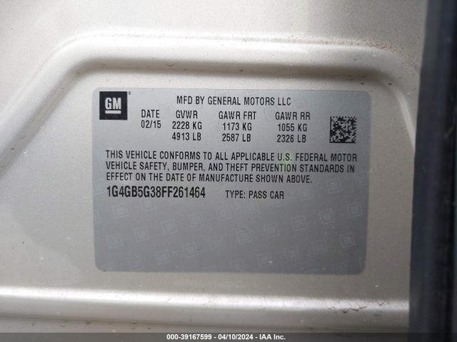 Buick Lacrosse Leather 2015 1G4GB5G38FF261464 Image 9
