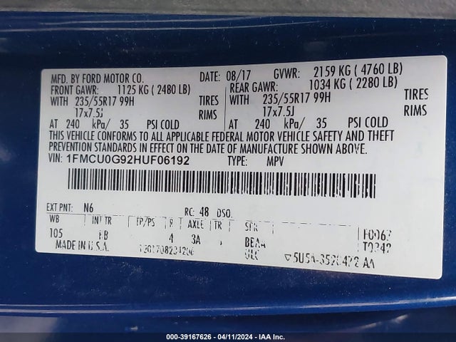 Ford ESCAPE SE 2017 1FMCU0G92HUF06192 Image 9