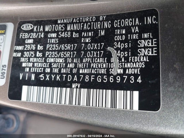 KIA Sorento Lx V6 2015 5XYKTDA78FG569734 Image 9