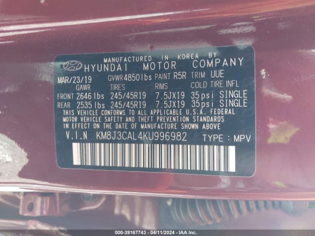 KM8J3CAL4KU996982 Hyundai Tucson Sport
