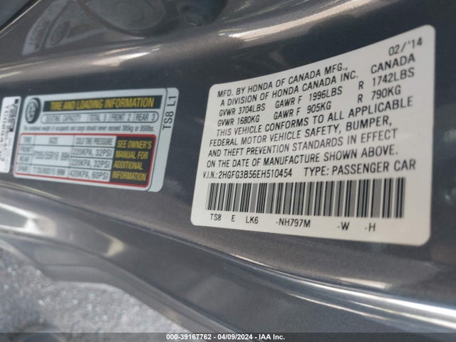 Honda Civic Lx 2014 2HGFG3B56EH510454 Image 9
