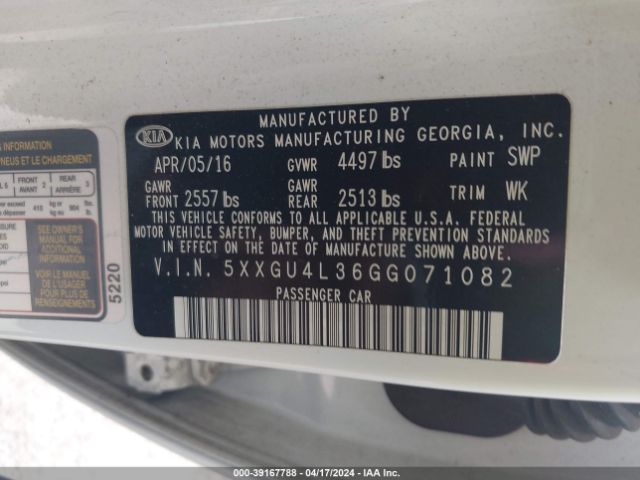 5XXGU4L36GG071082 KIA OPTIMA EX