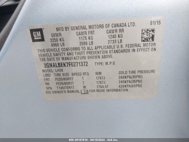 Chevrolet EQUINOX 1LT 2015 2GNALBEK7F6271372 Image 9