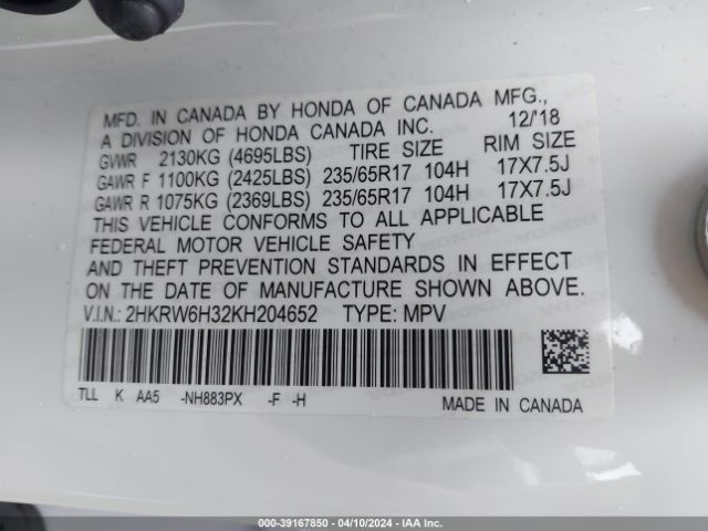 2HKRW6H32KH204652 Honda CR-V LX