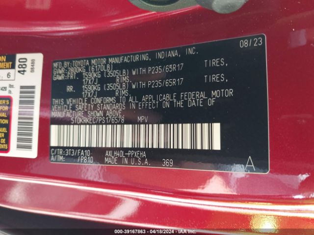 5TDKRKEC7PS176578 Toyota SIENNA LE
