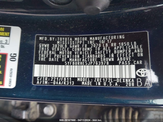 Toyota COROLLA LE 2018 5YFBURHE5JP763978 Image 9
