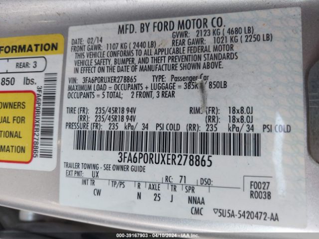3FA6P0RUXER278865 Ford Fusion Hybrid Titanium