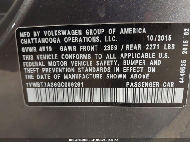 1VWBT7A36GC009261 Volkswagen Passat 1.8t Se