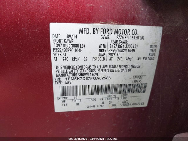 Ford EXPLORER XLT 2015 1FM5K7D87FGA82586 Image 9