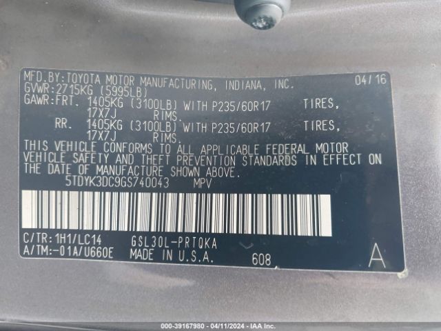 5TDYK3DC9GS740043 Toyota Sienna Xle 8 Passenger