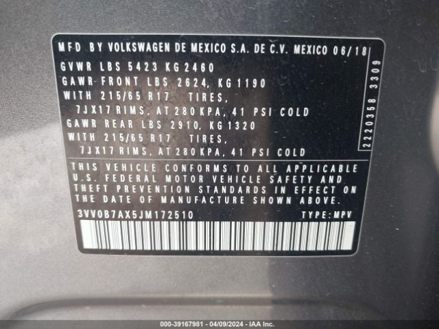 3VV0B7AX5JM172510 Volkswagen Tiguan 2.0t S