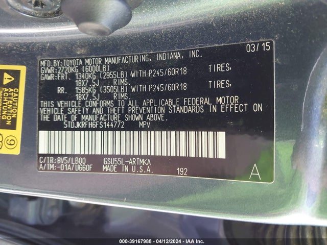 Toyota Highlander Xle V6 2015 5TDJKRFH6FS144772 Image 9
