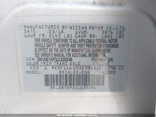 Nissan SENTRA SV 2018 3N1AB7AP3JL633246 Image 9