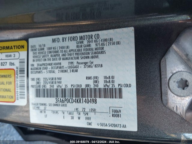 Ford FUSION SEL 2019 3FA6P0CD4KR140498 Image 9