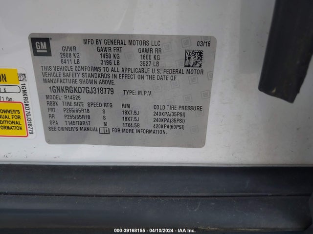 Chevrolet Traverse 1lt 2016 1GNKRGKD7GJ318779 Image 9