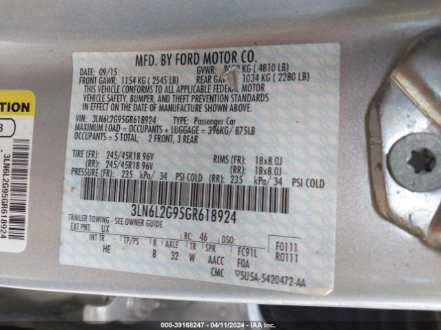 3LN6L2G95GR618924 Lincoln MKZ