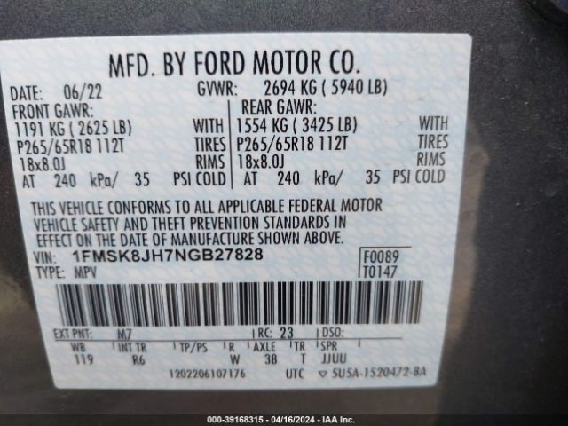 1FMSK8JH7NGB27828 Ford Explorer Timberline